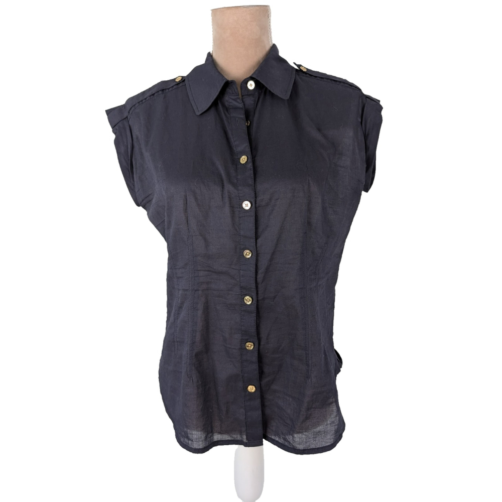 Tory Burch Poplin Camp Shirt Semi Sheer Size 8 Navy Blue Gold Button Down Preppy